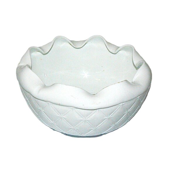 Vintage White Milk Glass Bowl w Ruffled Crimped Edge & Diamond Pattern - Picture 1 of 4